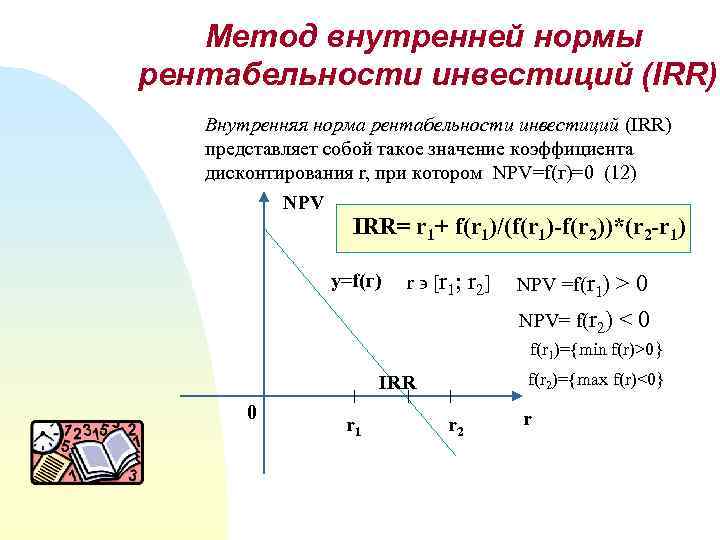 Метод внутренней нормы рентабельности инвестиций (IRR) Внутренняя норма рентабельности инвестиций (IRR) представляет собой такое