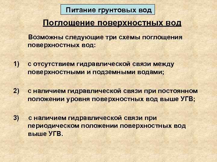 Питание грунтовых вод Поглощение поверхностных вод Возможны следующие три схемы поглощения поверхностных вод: 1)