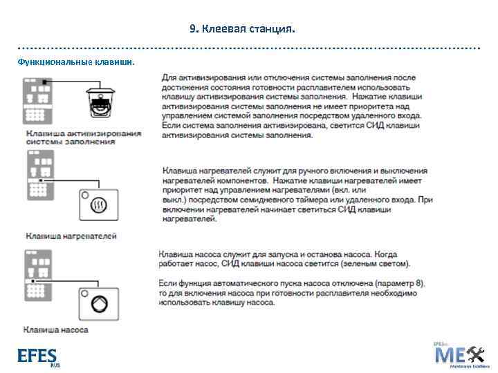 9. Клеевая станция. Функциональные клавиши. 1. 1. 