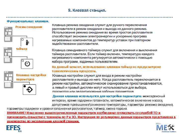 9. Клеевая станция. Функциональные клавиши. Режим ожидания таймер м Клавиша настройки параметров На данный