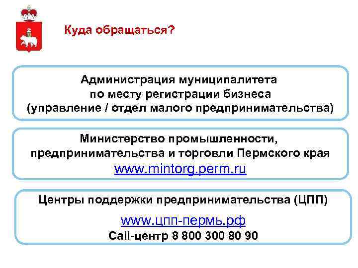 Куда обращаться? Администрация муниципалитета по месту регистрации бизнеса (управление / отдел малого предпринимательства) Министерство