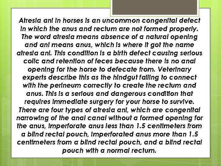 Atresia ani in horses is an uncommon congenital defect in which the anus and