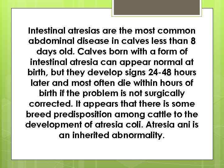 Intestinal atresias are the most common abdominal disease in calves less than 8 days