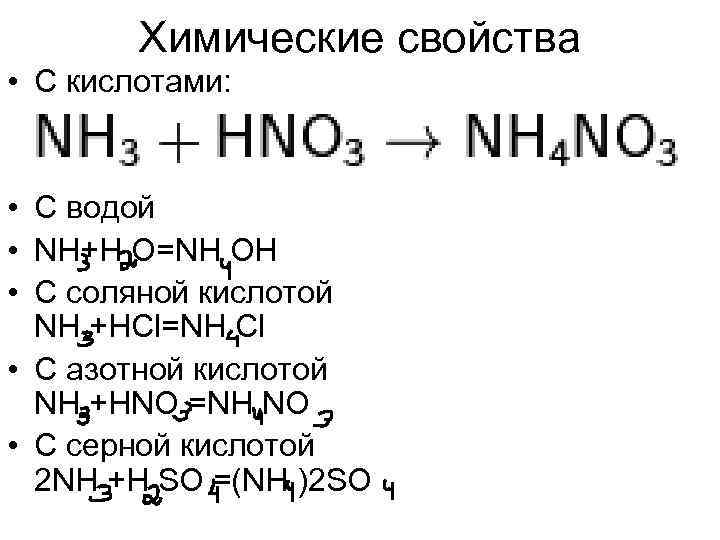 Химические свойства • С кислотами: • С водой • NH+H O=NH OH • С