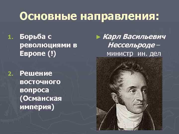 Основные направления: 1. 2. Борьба с революциями в Европе (!) Решение восточного вопроса (Османская