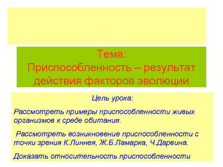 Тема: Приспособленность – результат действия факторов эволюции Цель урока: Рассмотреть примеры приспособленности живых организмов