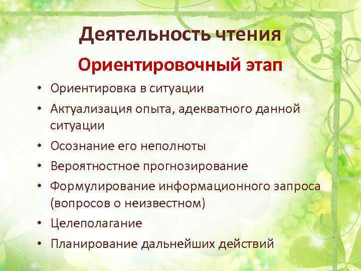 Деятельность чтения Ориентировочный этап • Ориентировка в ситуации • Актуализация опыта, адекватного данной ситуации