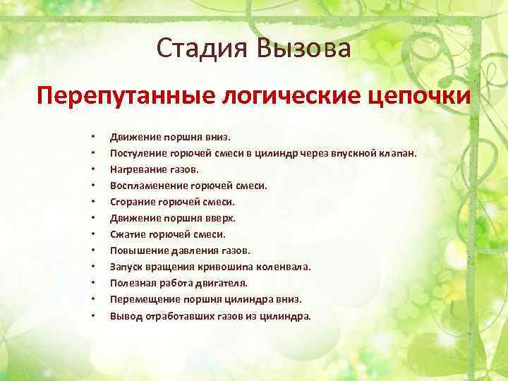 Стадия Вызова Перепутанные логические цепочки • • • Движение поршня вниз. Постуление горючей смеси