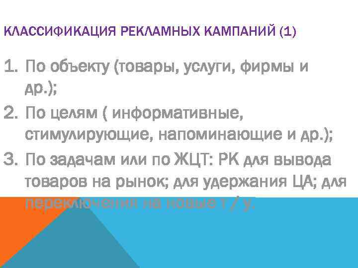 КЛАССИФИКАЦИЯ РЕКЛАМНЫХ КАМПАНИЙ (1) 1. По объекту (товары, услуги, фирмы и др. ); 2.