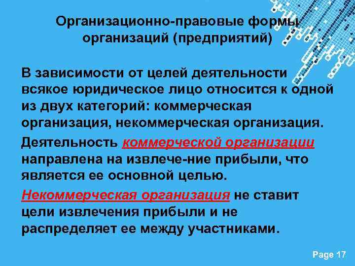 Организационно правовые формы организаций (предприятий) В зависимости от целей деятельности всякое юридическое лицо относится