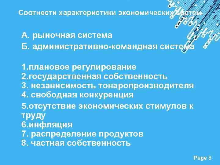 Соотнести характеристики экономических систем А. рыночная система Б. административно командная система 1. плановое регулирование