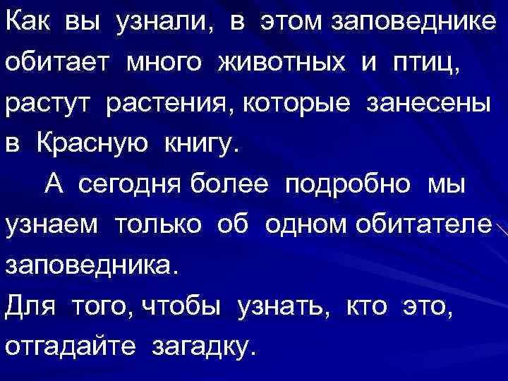 Как вы узнали, в этом заповеднике обитает много животных и птиц, растут растения, которые