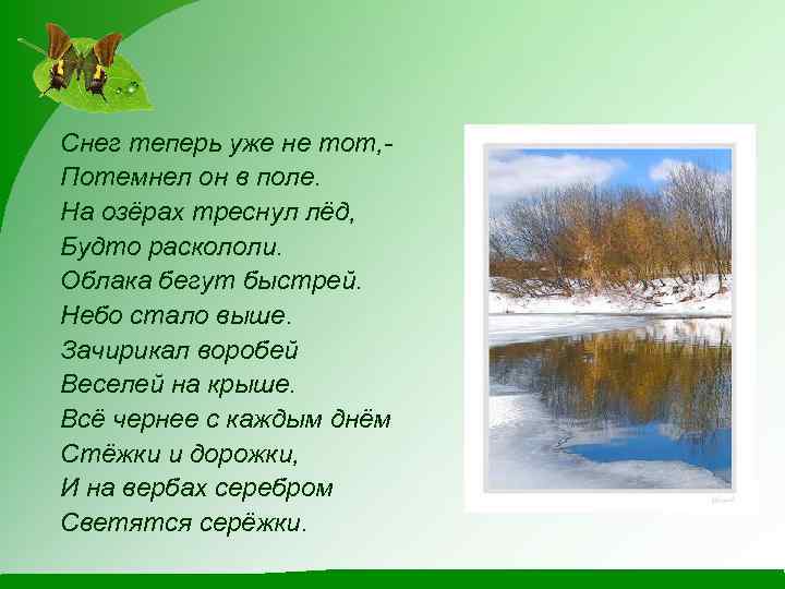 Снег теперь уже не тот, Потемнел он в поле. На озёрах треснул лёд, Будто