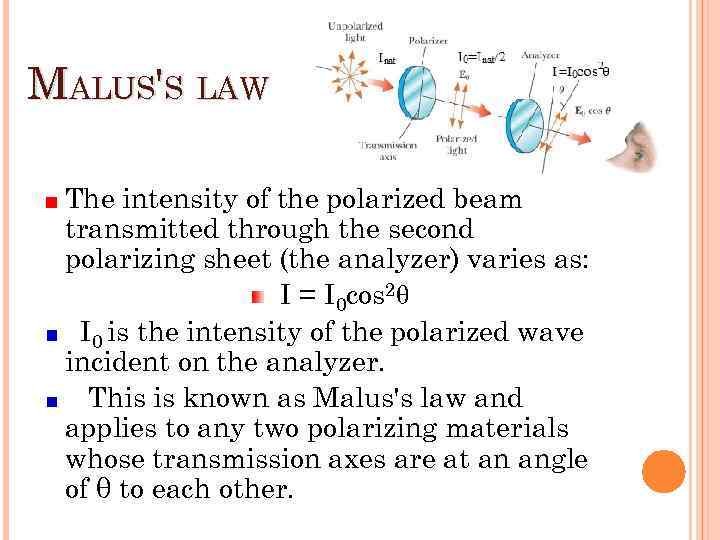 MALUS'S LAW The intensity of the polarized beam transmitted through the second polarizing sheet