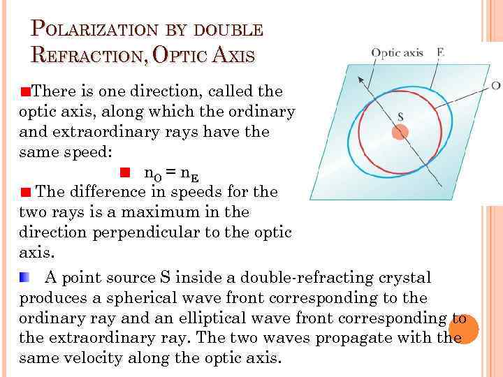 POLARIZATION BY DOUBLE REFRACTION, OPTIC AXIS There is one direction, called the optic axis,