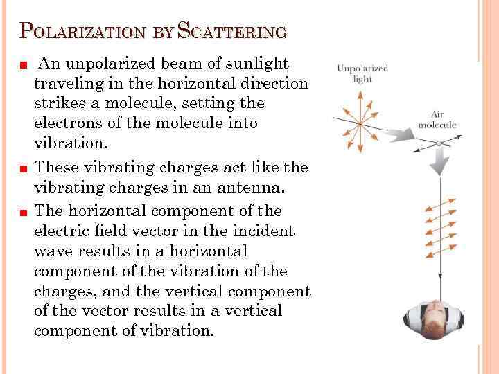 POLARIZATION BY SCATTERING An unpolarized beam of sunlight traveling in the horizontal direction strikes