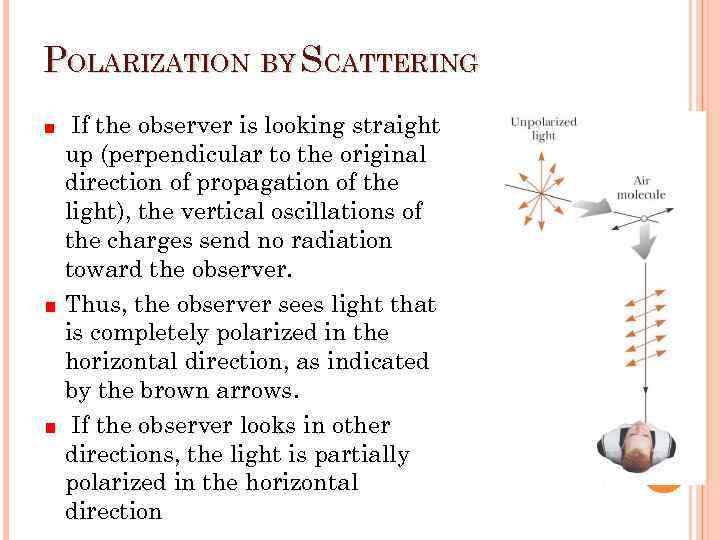 POLARIZATION BY SCATTERING If the observer is looking straight up (perpendicular to the original