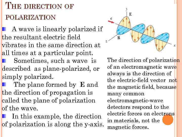 THE DIRECTION OF POLARIZATION A wave is linearly polarized if the resultant electric ﬁeld