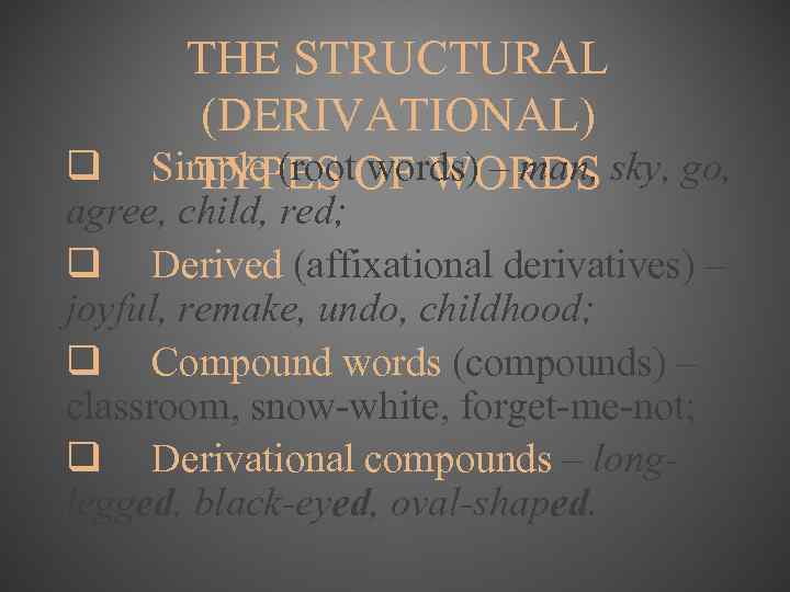 THE STRUCTURAL (DERIVATIONAL) Simple (root. OF WORDS sky, go, TYPES words) – man, q