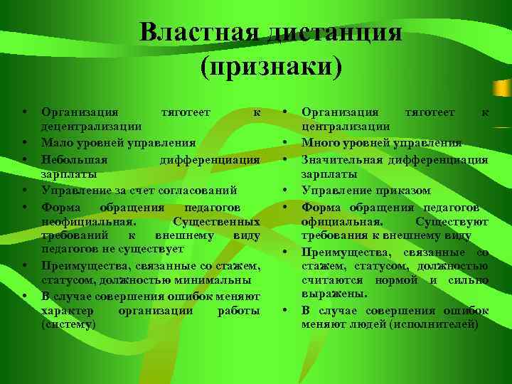 Властная дистанция (признаки) • • Организация тяготеет к децентрализации Мало уровней управления Небольшая дифференциация