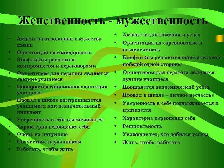 Женственность - мужественность • • • Акцент на отношения и качество жизни Ориентация на