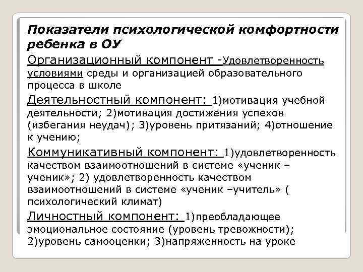 Показатели психологической комфортности ребенка в ОУ Организационный компонент -Удовлетворенность условиями среды и организацией образовательного