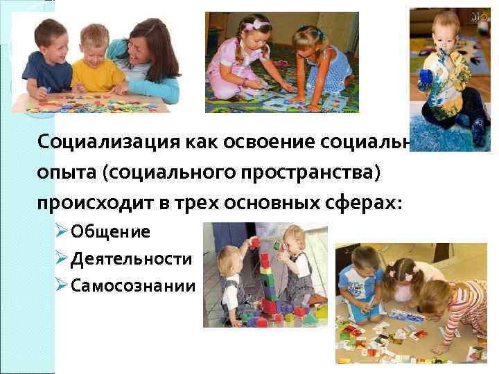 Социализация как освоение социального опыта (социального пространства) происходит в трех основных сферах: ØОбщение ØДеятельности