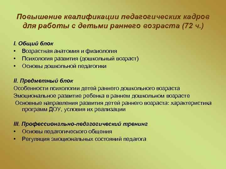 Повышение квалификации педагогических кадров для работы с детьми раннего возраста (72 ч. ) I.