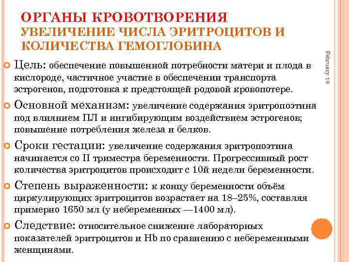 ОРГАНЫ КРОВОТВОРЕНИЯ Цель: обеспечение повышенной потребности матери и плода в кислороде, частичное участие в