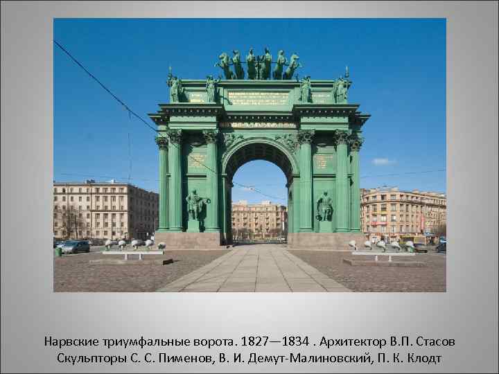 Нарвские триумфальные ворота. 1827— 1834. Архитектор В. П. Стасов Скульпторы С. С. Пименов, В.