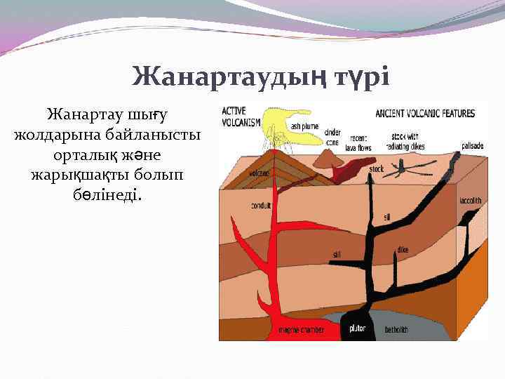 Жанартаудың түрі Жанартау шығу жолдарына байланысты орталық және жарықшақты болып бөлінеді. 