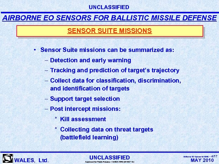 UNCLASSIFIED AIRBORNE EO SENSORS FOR BALLISTIC MISSILE DEFENSE SENSOR SUITE MISSIONS • Sensor Suite