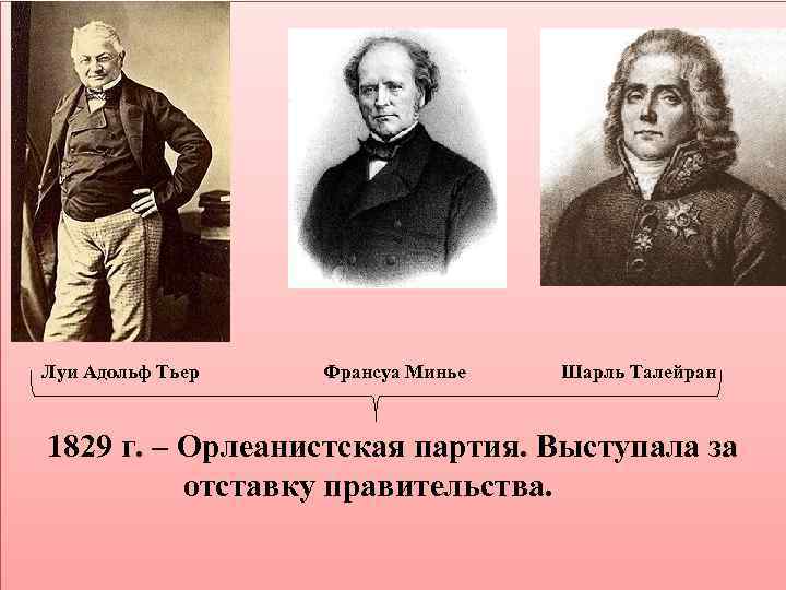 Луи Адольф Тьер Франсуа Минье Шарль Талейран 1829 г. – Орлеанистская партия. Выступала за