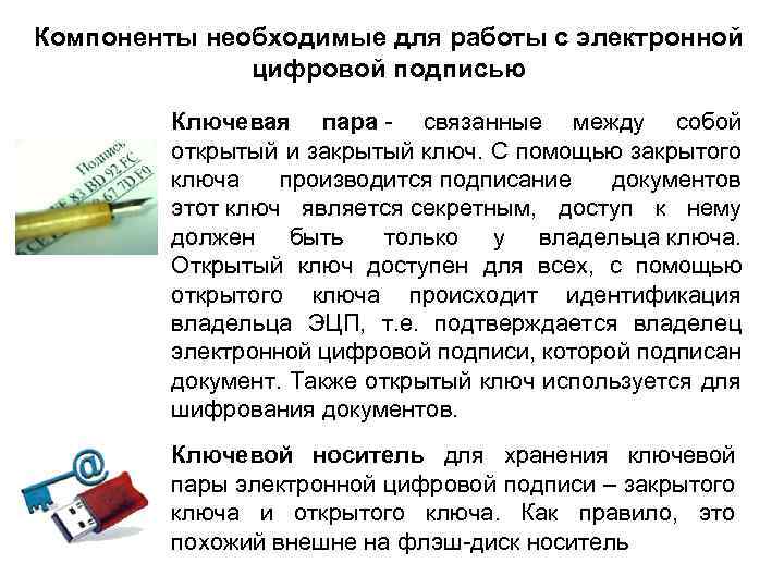 Компоненты необходимые для работы с электронной цифровой подписью Ключевая пара - связанные между собой