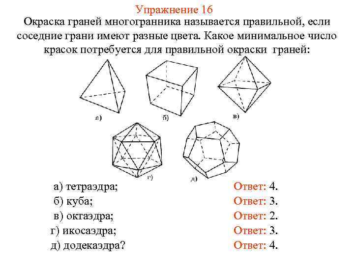 Упражнение 16 Окраска граней многогранника называется правильной, если соседние грани имеют разные цвета. Какое