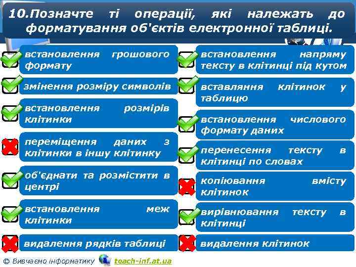 10. Позначте ті операції, які належать до Розділ 4 форматування об'єктів електронної таблиці. §