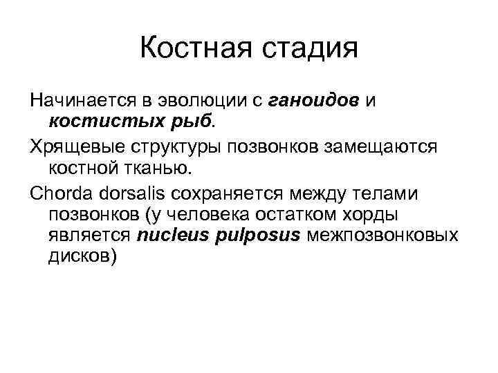 Костная стадия Начинается в эволюции с ганоидов и костистых рыб. Хрящевые структуры позвонков замещаются