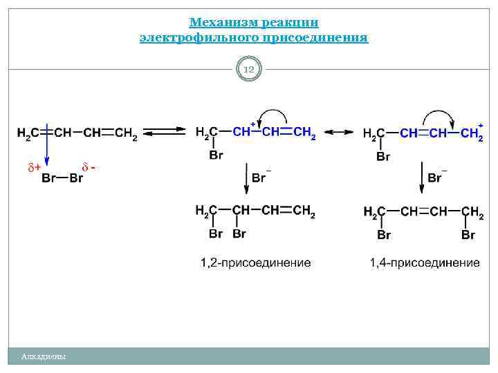 Взаимодействие бутадиена 1 3 с бромом. 1,3 Бутадиен механизм реакции электрофильного присоединения. Бромирование алкадиенов механизм. Гидрогалогенирование диенов механизм. Механизм галогенирования электрофильного присоединения.
