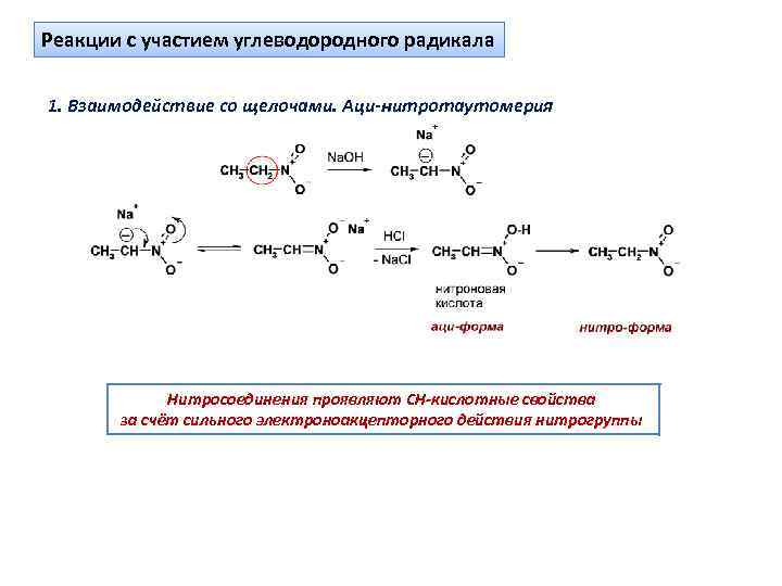 Реакции с участием углеводородного радикала 1. Взаимодействие со щелочами. Аци-нитротаутомерия Нитросоединения проявляют СН-кислотные свойства