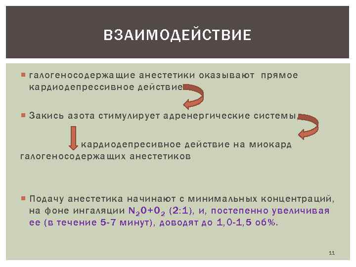 ВЗАИМОДЕЙСТВИЕ галогеносодержащие анестетики оказывают прямое кардиодепрессивное действие Закись азота стимулирует адренергические системы, кардиодепресивное действие