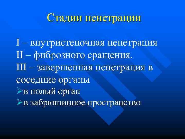 Стадии пенетрации I – внутристеночная пенетрация II – фиброзного сращения. III – завершенная пенетрация