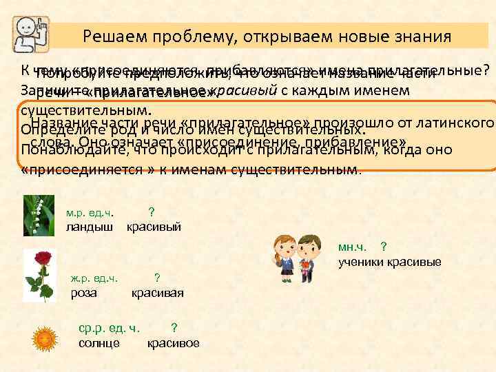 Решаем проблему, открываем новые знания К чему «присоединяются, прибавляются» имена прилагательные? Попробуйте предположить, что