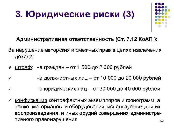 3. Юридические риски (3) Административная ответственность (Ст. 7. 12 Ко. АП ): За нарушение