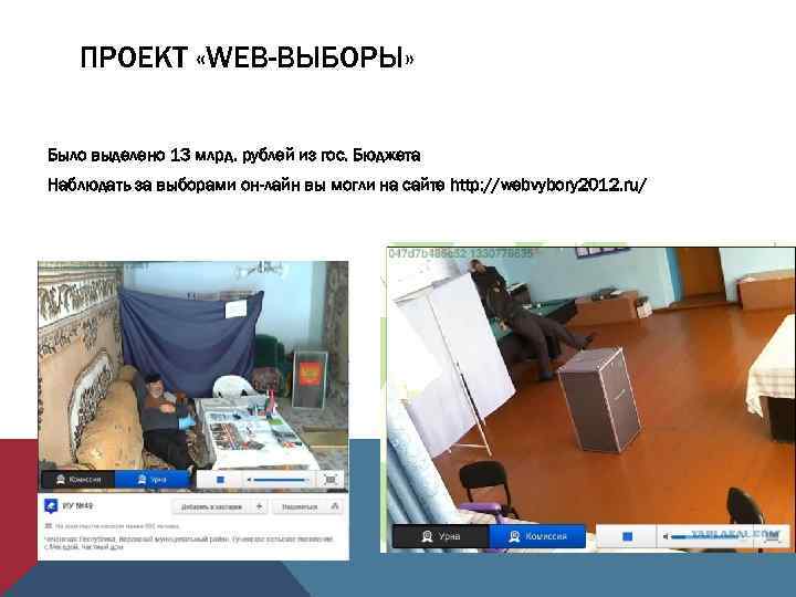 ПРОЕКТ «WEB-ВЫБОРЫ» Было выделено 13 млрд. рублей из гос. Бюджета Наблюдать за выборами он-лайн