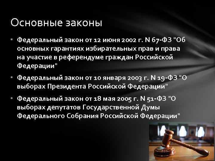 Основные законы • Федеральный закон от 12 июня 2002 г. N 67 -ФЗ "Об