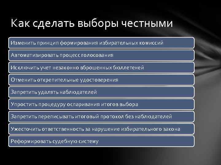 Как сделать выборы честными Изменить принцип формирования избирательных комиссий Автоматизировать процесс голосования Исключить учет