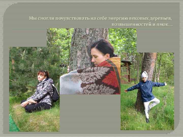 Мы смогли почувствовать на себе энергию вековых деревьев, возвышенностей и ямок…. 