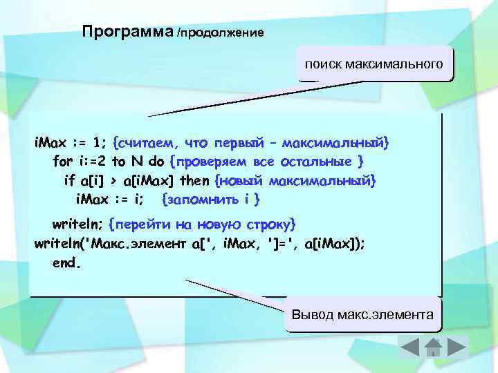 Программа /продолжение поиск максимального i. Max : = 1; {считаем, что первый – максимальный}