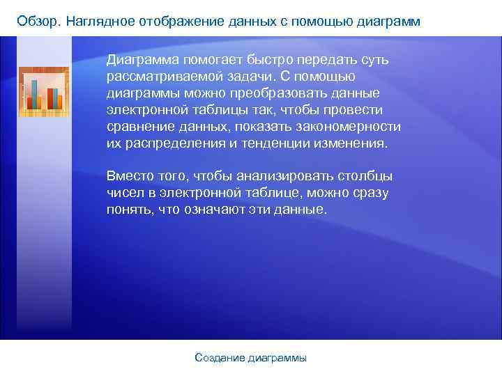 Обзор. Наглядное отображение данных с помощью диаграмм Диаграмма помогает быстро передать суть рассматриваемой задачи.