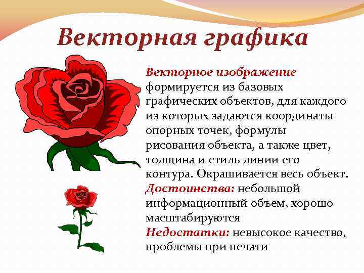 Векторная графика Векторное изображение формируется из базовых графических объектов, для каждого из которых задаются